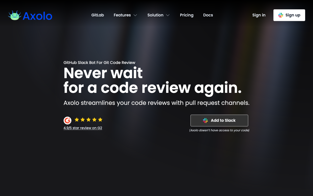 Axolo code quality platform homepage screenshot