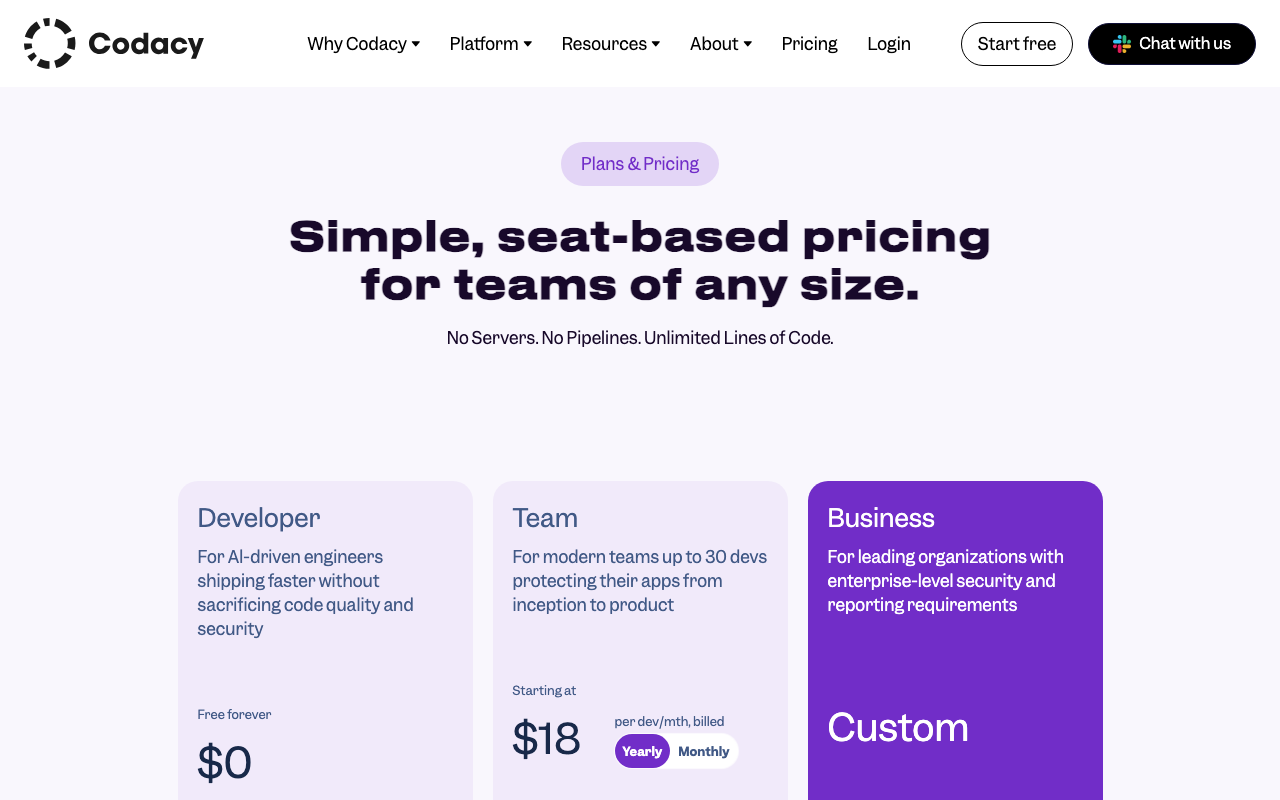 Codacy code quality platform pricing page screenshot