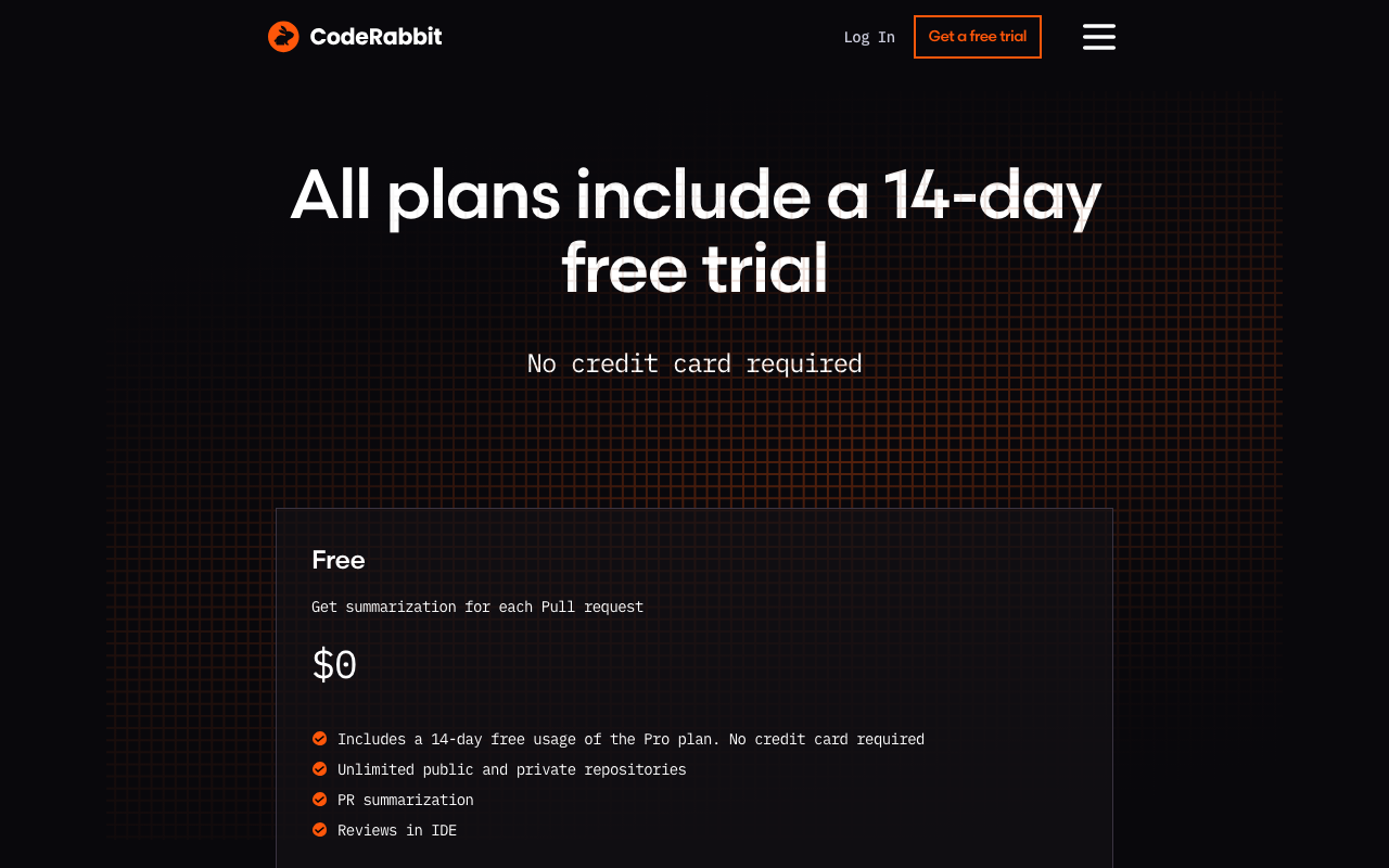 CodeRabbit AI code review tool pricing page screenshot