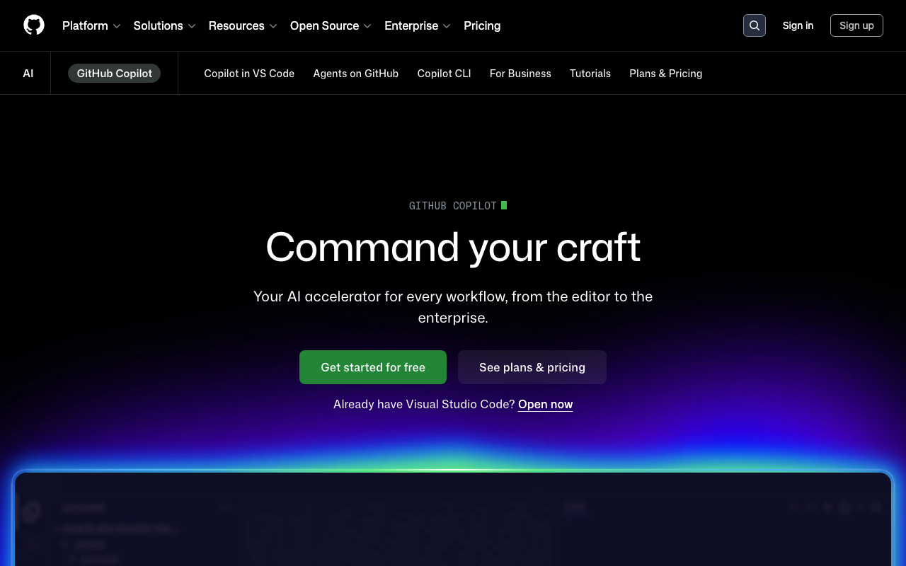 GitHub Copilot AI coding assistant features overview screenshot