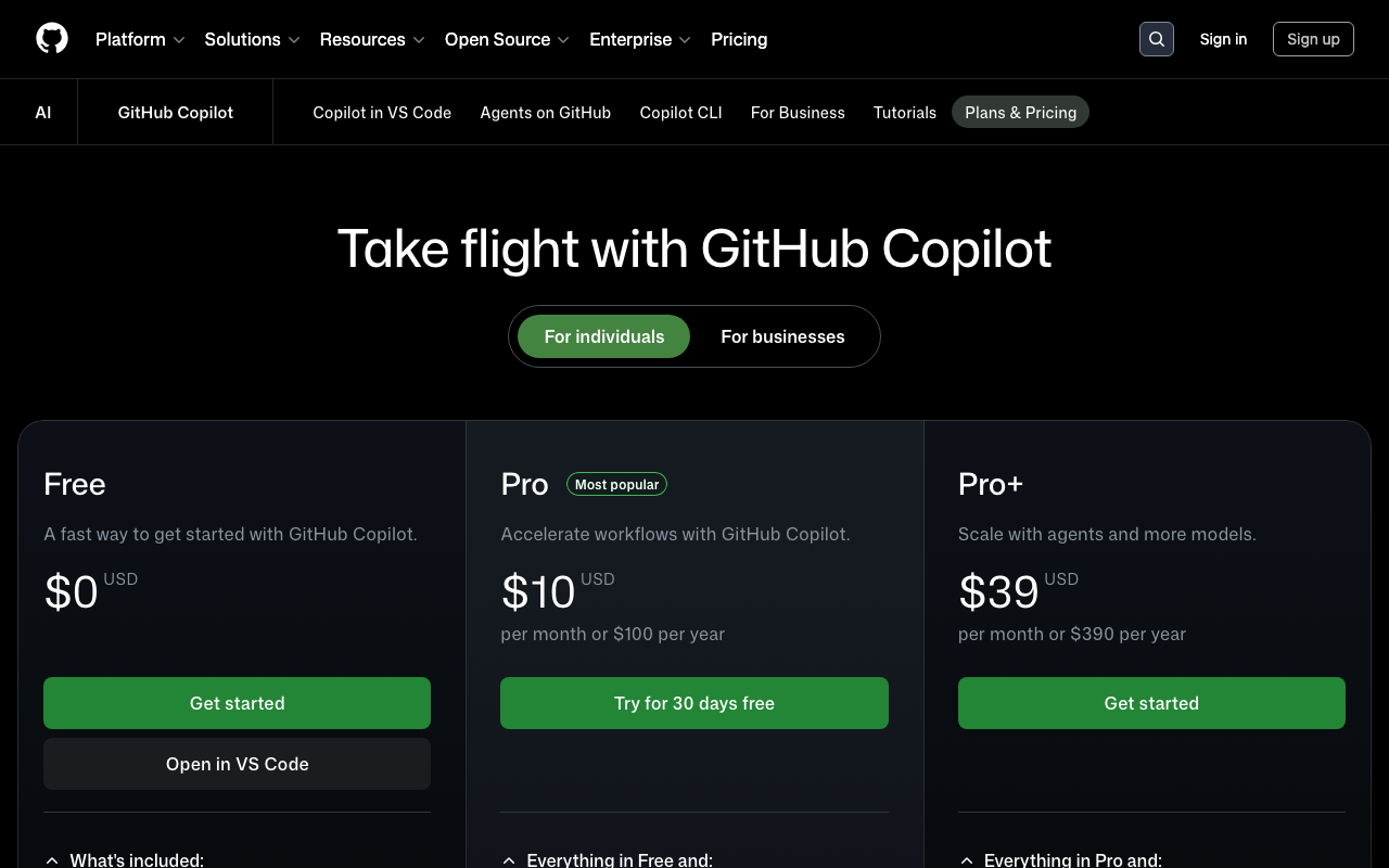 GitHub Copilot AI coding assistant pricing page screenshot