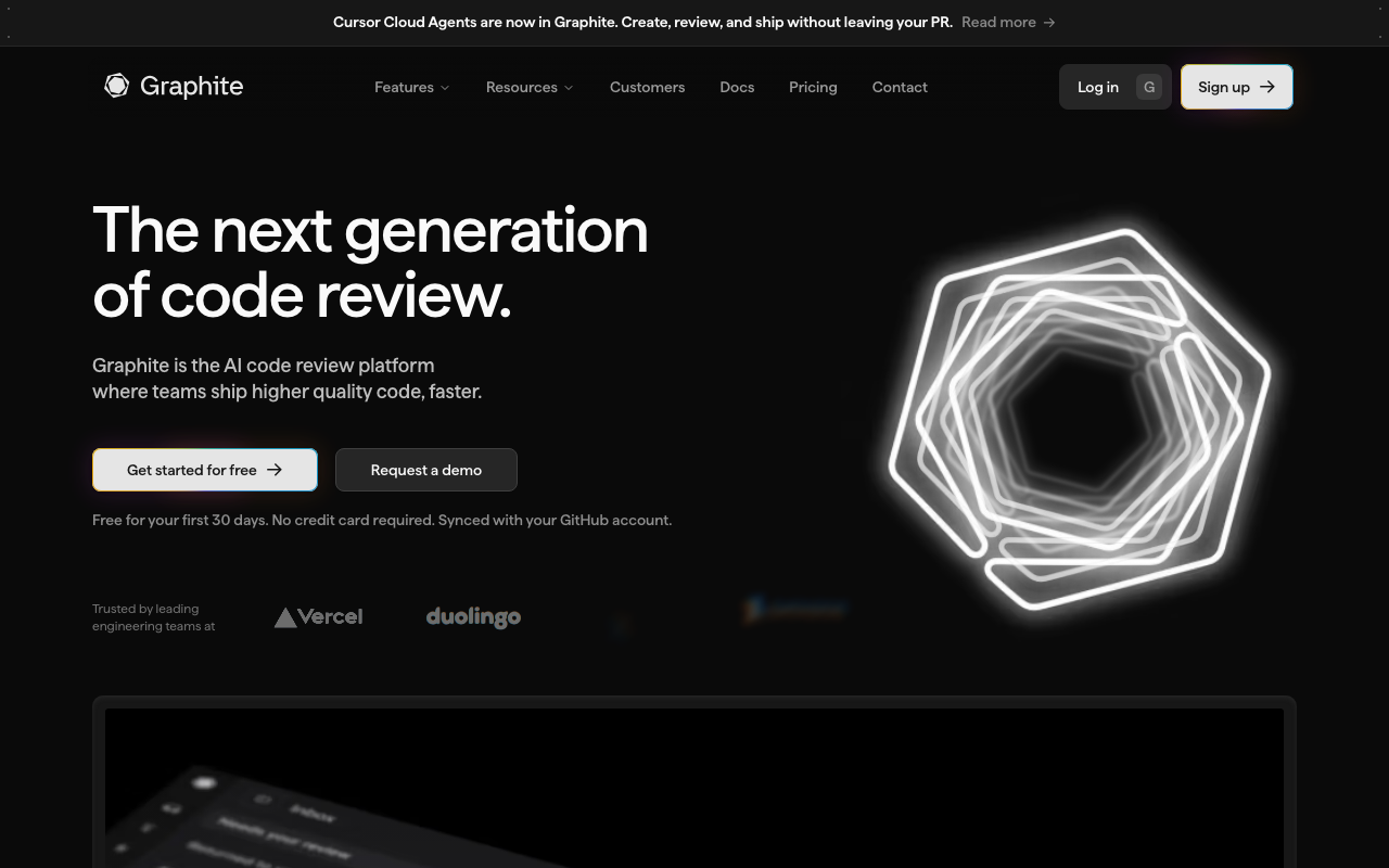 Graphite AI code review tool homepage screenshot