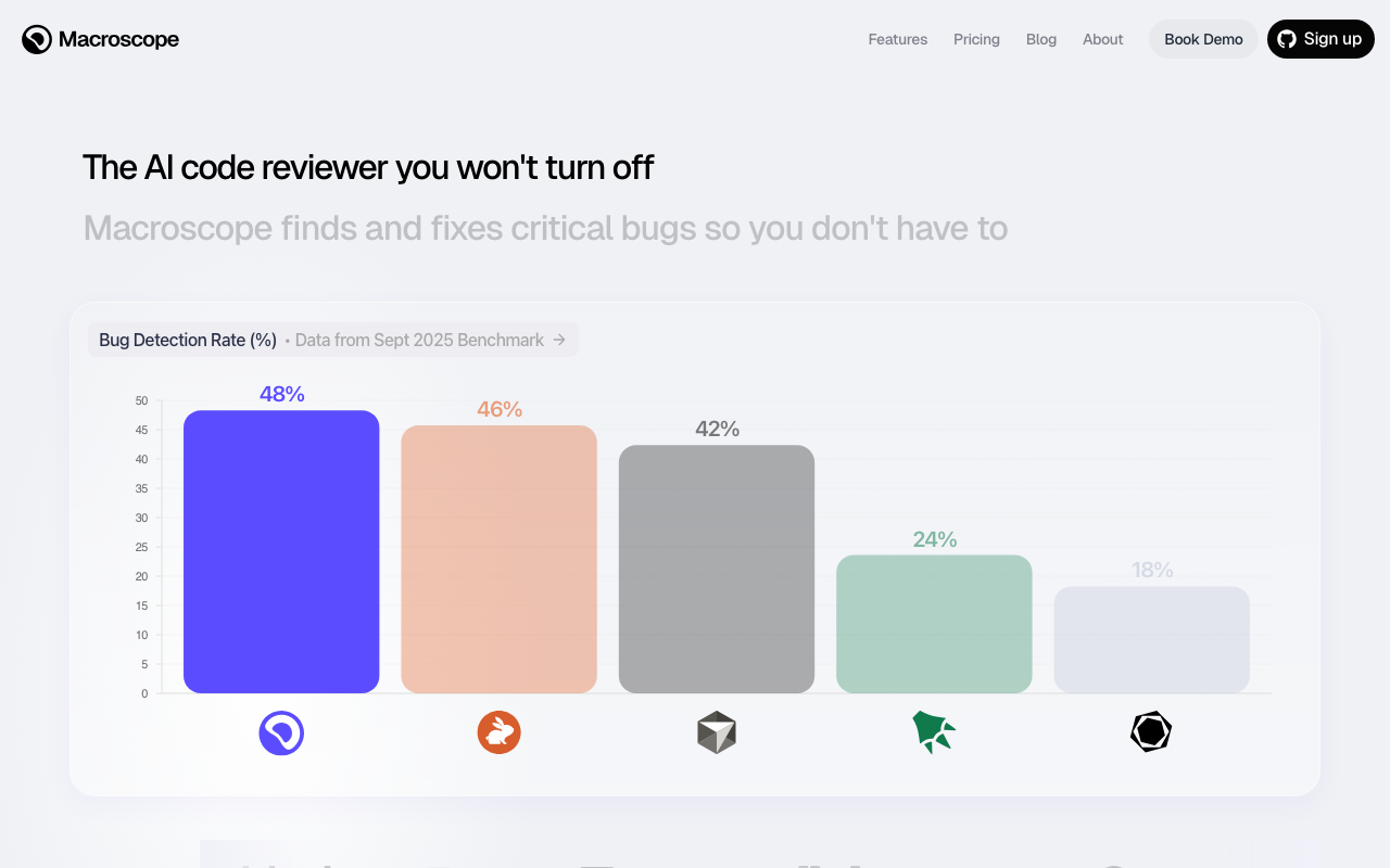 Macroscope AI code review tool homepage screenshot