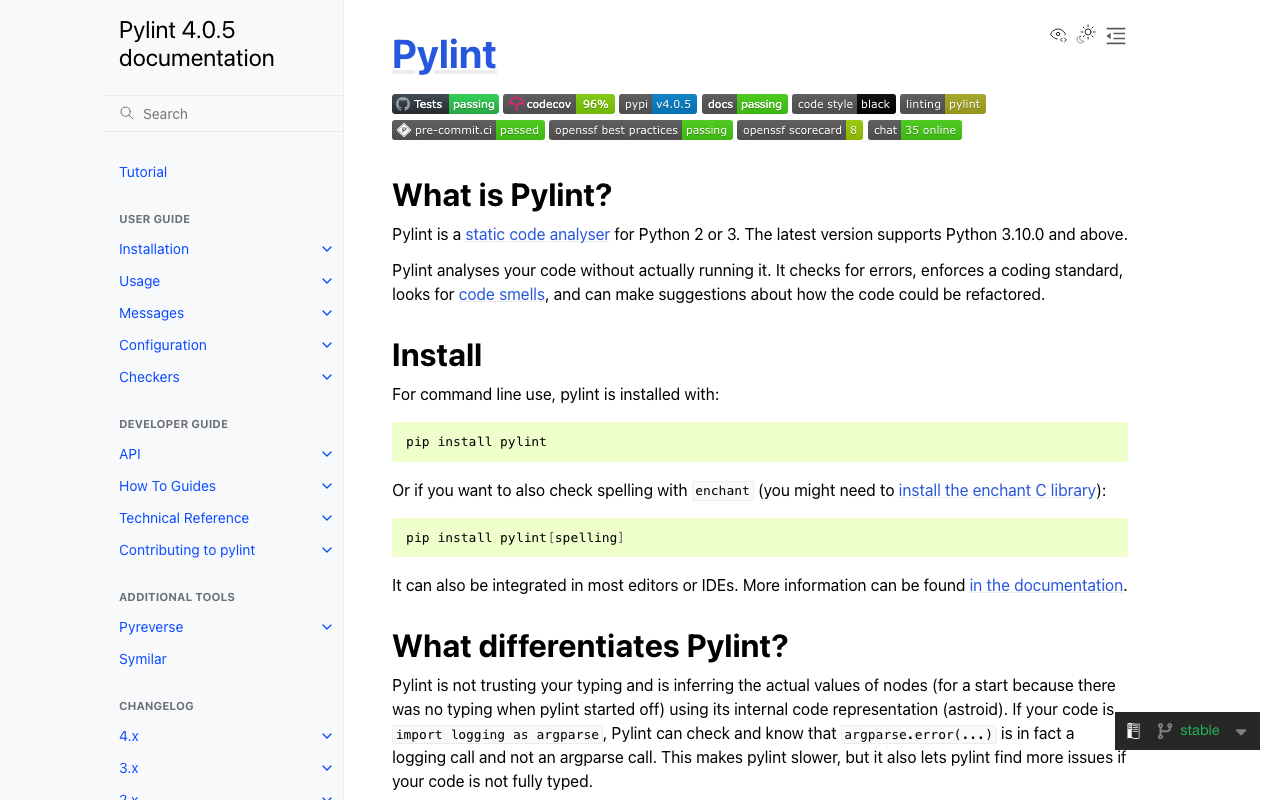 Pylint code quality platform features overview screenshot