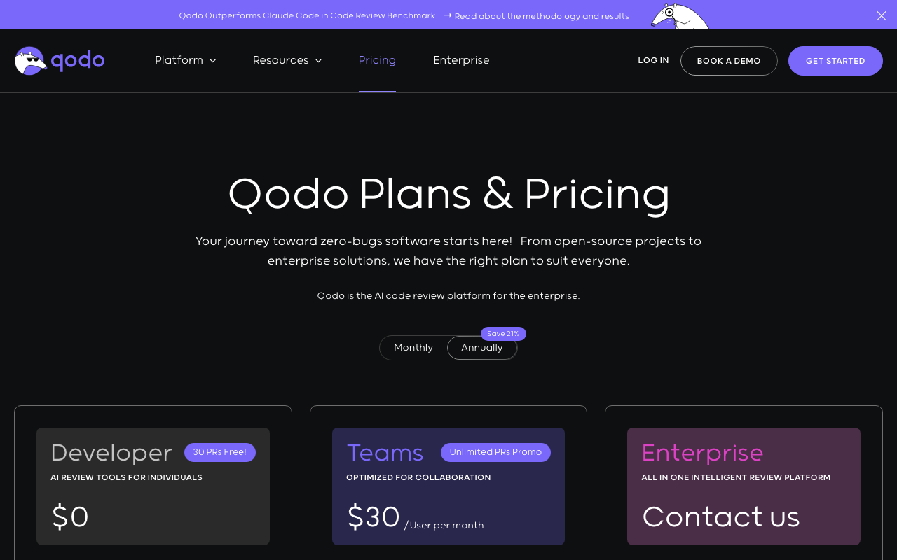 Qodo AI code review tool pricing page screenshot