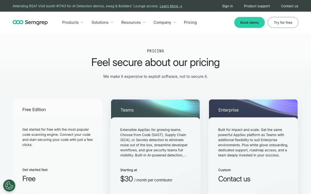 Semgrep security scanning tool pricing page screenshot
