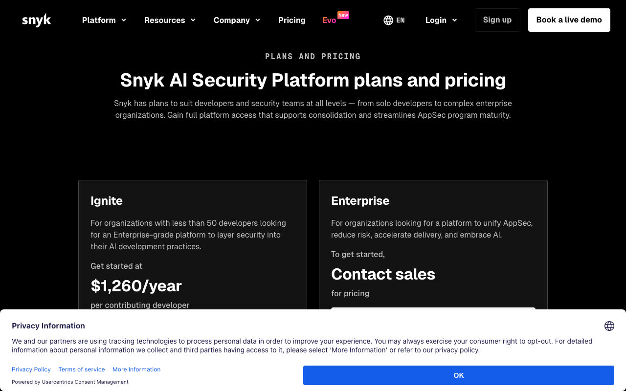 Snyk security scanning tool pricing page screenshot