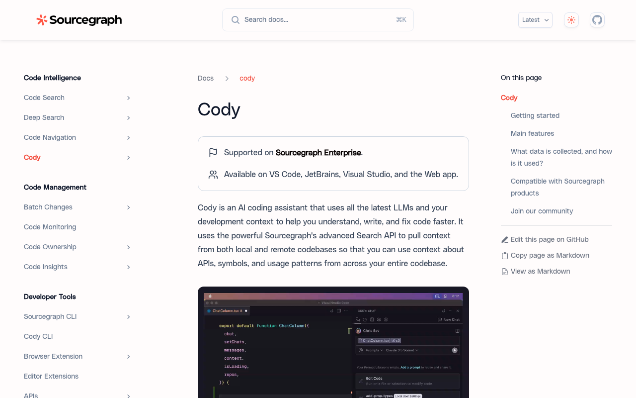 Sourcegraph Cody AI coding assistant screenshot