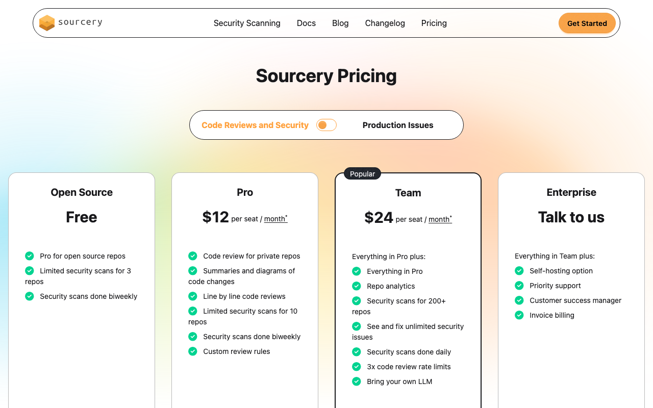 Sourcery AI code review tool pricing page screenshot