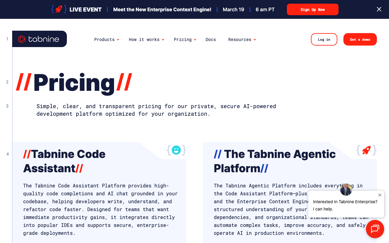 Tabnine AI coding assistant pricing page screenshot