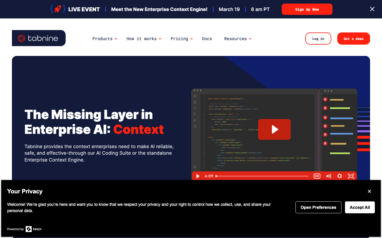 Tabnine AI coding assistant screenshot