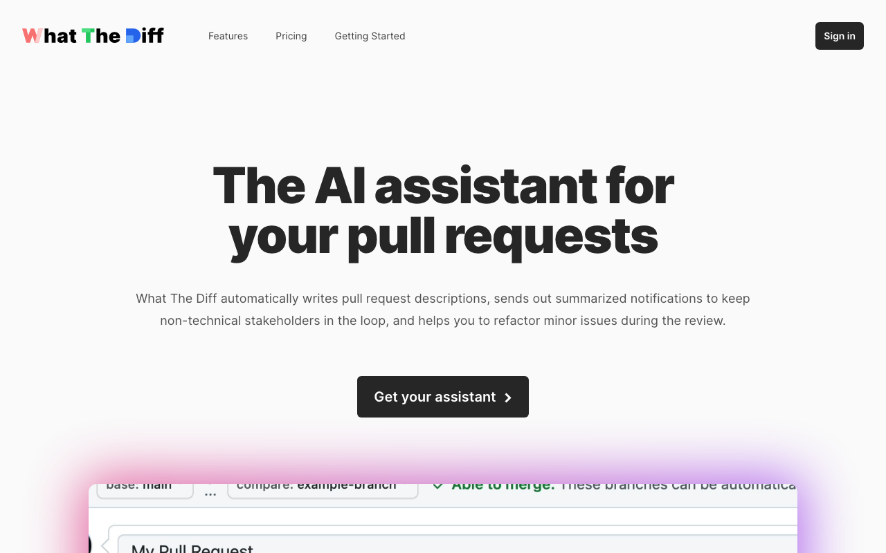 What The Diff AI code review tool homepage screenshot
